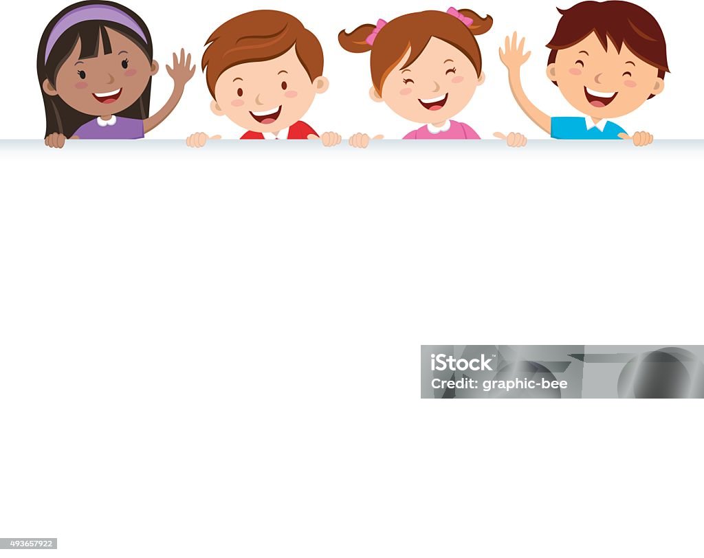 Children and banner Multicultural kids holding blank banner. Child stock vector