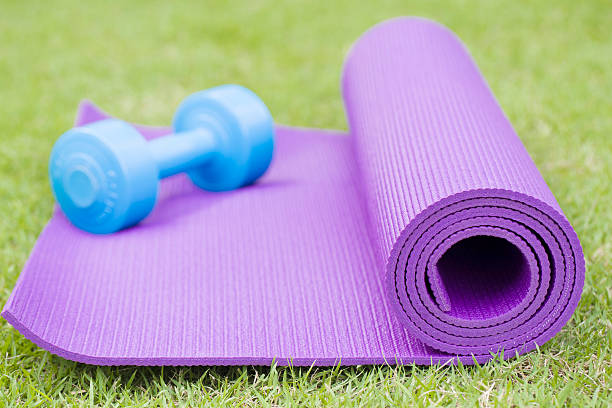 istock purple yoga mat and blue dumbbell 493659034