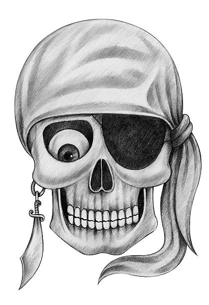 Art skull pirate tattoo. Art design head skull pirate tattoo smiley face hand pencil drawing on paper. cartoon of painted skull faces stock illustrations