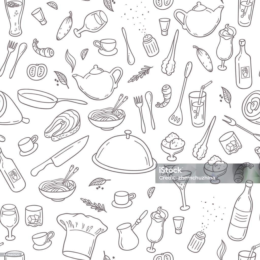Food and drink outline seamless pattern. Hand drawn kitchen background Food and drink outline seamless pattern. Hand drawn kitchen background in black and white. Vector illustration Food stock vector