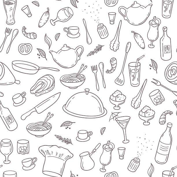 Food and drink outline seamless pattern. Hand drawn kitchen background Food and drink outline seamless pattern. Hand drawn kitchen background in black and white. Vector illustration meat backgrounds stock illustrations