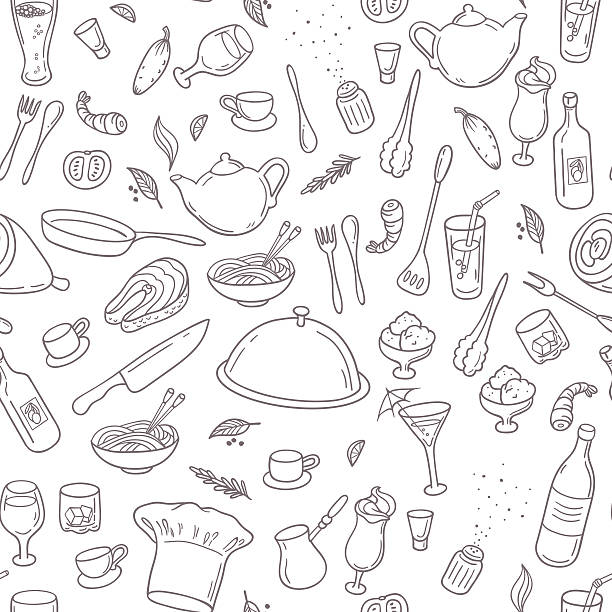 Food and drink outline seamless pattern. Hand drawn kitchen background Food and drink outline seamless pattern. Hand drawn kitchen background in black and white. Vector illustration cutlery cartoons stock illustrations