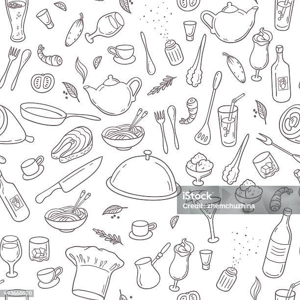 Food And Drink Outline Seamless Pattern Hand Drawn Kitchen Background Stock Illustration - Download Image Now
