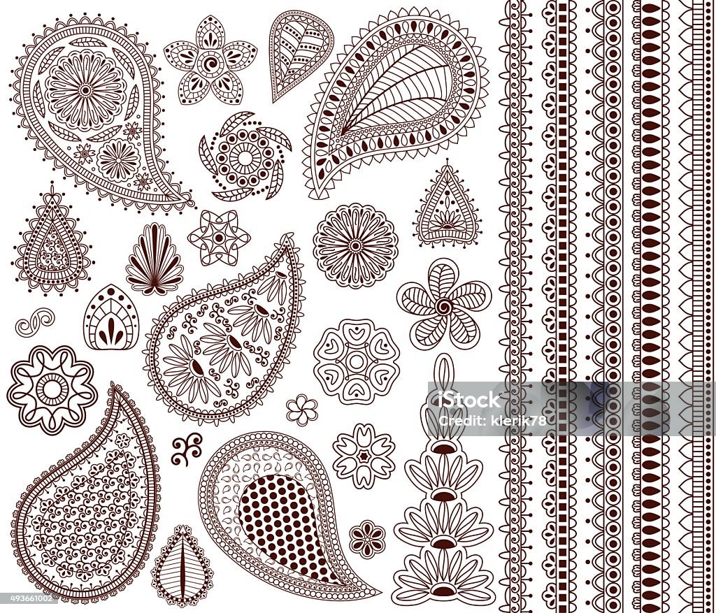 Set of oriental ornaments Set of oriental ornaments for henna tattoo and for your design. Plus five seamless borders Culture of India stock vector