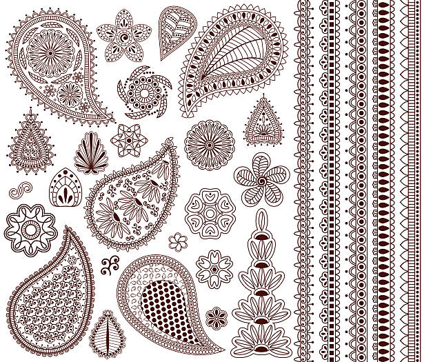 Set of oriental ornaments Set of oriental ornaments for henna tattoo and for your design. Plus five seamless borders henna stock illustrations