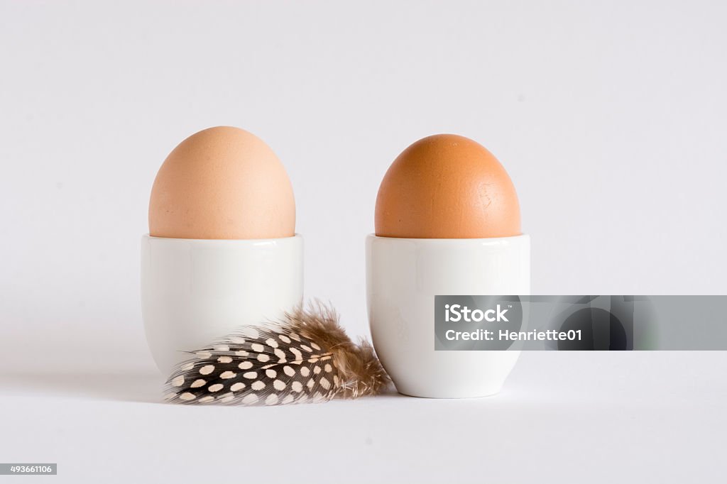 Brown eggs in white eggcups with feather Brown eggs in white eggcups with dotted feather on white background 2015 Stock Photo