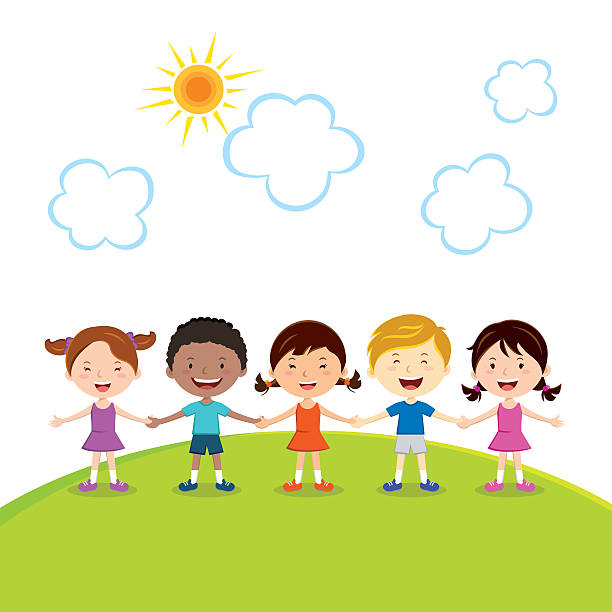 Fun in the sun Friendship. kids holding hands stock illustrations