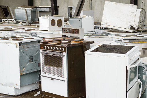 Old, used stoves and ovens are sorted separately at the waste station. Here are some that soon will be  transported away for dismantling and further recycling.