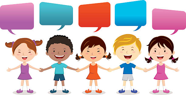 Friendship Children holding hands with speech bubbles. kids holding hands stock illustrations