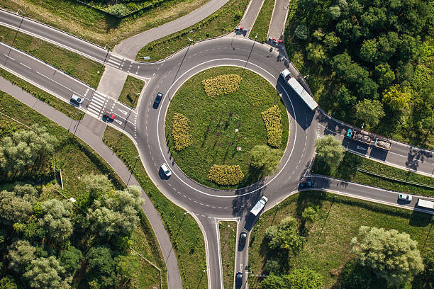 aerial view of roundabout aerial view of roundabout in wroclaw city traffic circle photos stock pictures, royalty-free photos & images
