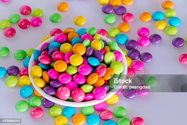 Top View Colorful Chocolate Candy In A Ceramic Bowl Stock Photo - Download Image Now