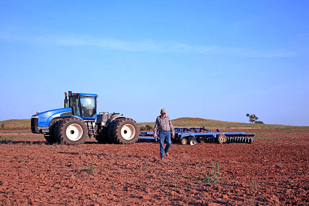 istock Agriculture: Farmer with tractor and plow in a plowed field 493686814