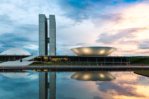 Brasilia, Brazil - March 23, 2015: The famous Brazilian National Congress in Brasilia, Brazil. The building was designed by Oscar Niemeyer in the modern Brazilian style.
