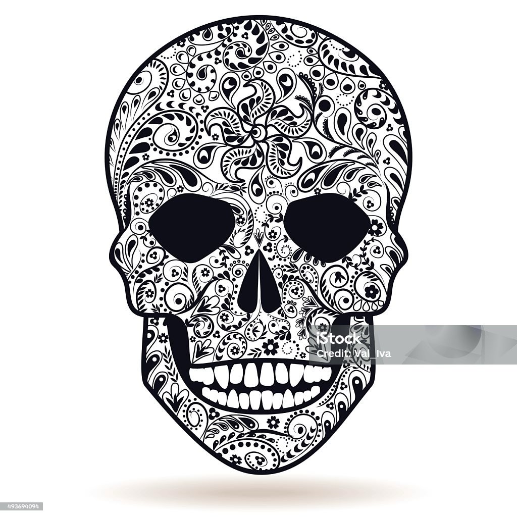 Black and white patterned skull Black and white floral patterned human skull isolated on white. Mask - Disguise stock vector