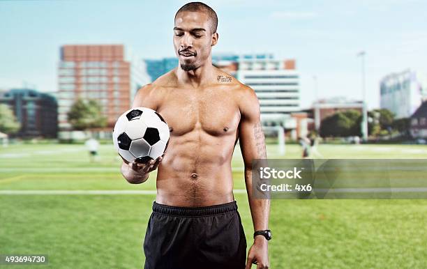 Muscular Soccer Player At Filed Stock Photo - Download Image Now - Males, Tattoo, 20-29 Years