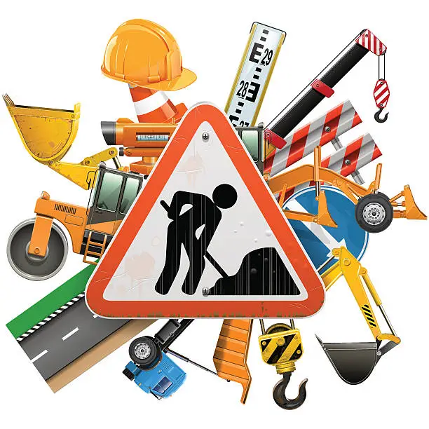 Vector illustration of Vector Road Construction Concept with Sign