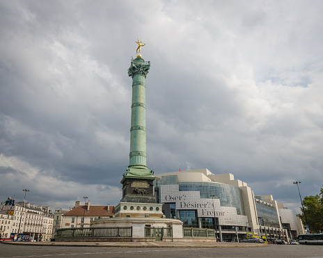 Paris, France – August 31, 2015: Opera Bastille in Place de la Bastille was inaugurated in 1989, designed by Carlos Ott. The July Column, at the center of the square, commemorates the events of the Second French Revolution.