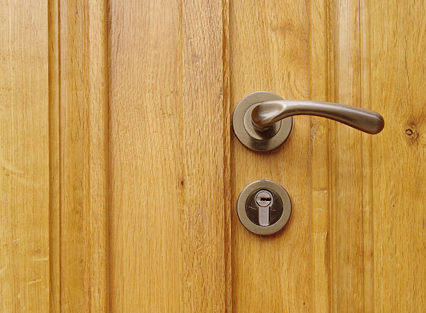 istock New wooden door with handle and lock 493700158