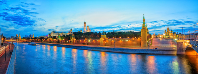 Panorama of Kremlin at Dusk in Moscow, horizontally stitched composition, 