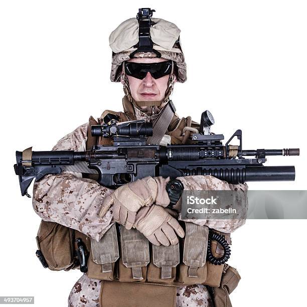 Us Marine Studio Shot On White Background Stock Photo - Download Image Now - Aggression, Armed Forces, Army