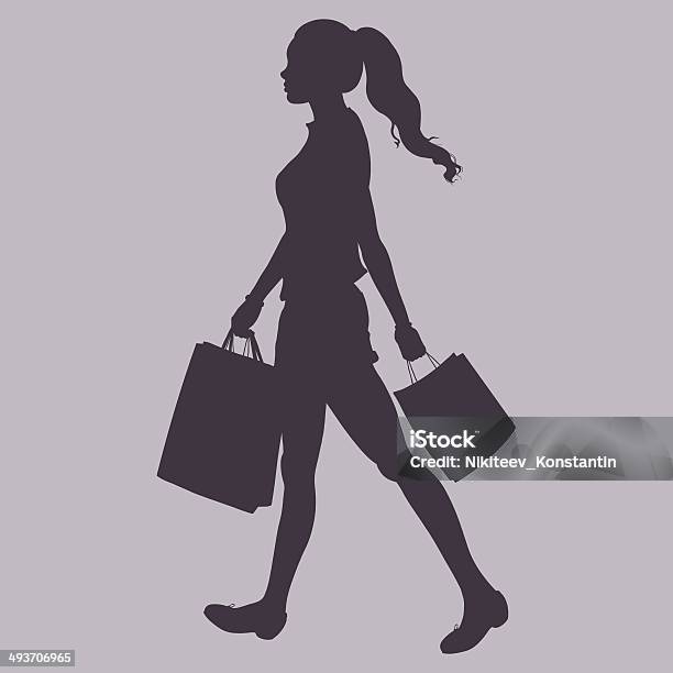 Vector Silhouette Girl Goes And Is In The Hands Stock Illustration - Download Image Now - Adult, Backgrounds, Bag