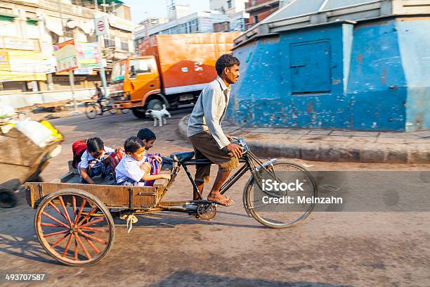 Father Transports His Children In A Cycle Rickshaw Stock Photo - Download Image Now - India, Adult, Arranging