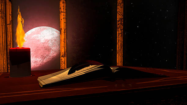 istock Open antique book and burning candle on red moon background 493711634