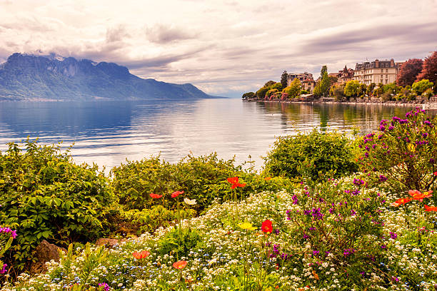 Foto de Paisagem Com Flores E Lago De Genebra Montreux Suíça e