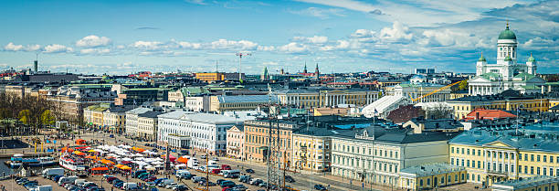 Helsinki aerial panorama over Cathedral Senate Square Esplanadi landmarks Finland