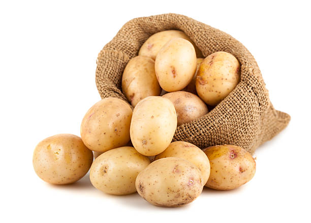 istock Ripe potatoes in a burlap bag 493718632