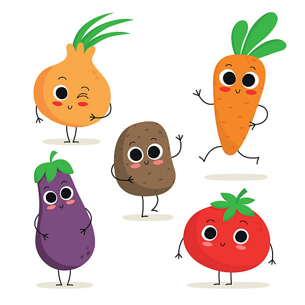 Set of 5 cute cartoon vegetable characters isolated on white Adorable collection of five cartoon vegetable characters isolated on white: onion, eggplant, potato, carrot, tomato raw potato characters cartoon vegetable stock illustrations