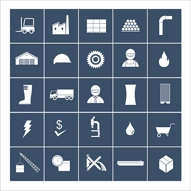factory icon set collection of icons related to manufacturing activity and operation stacking food containers stock illustrations