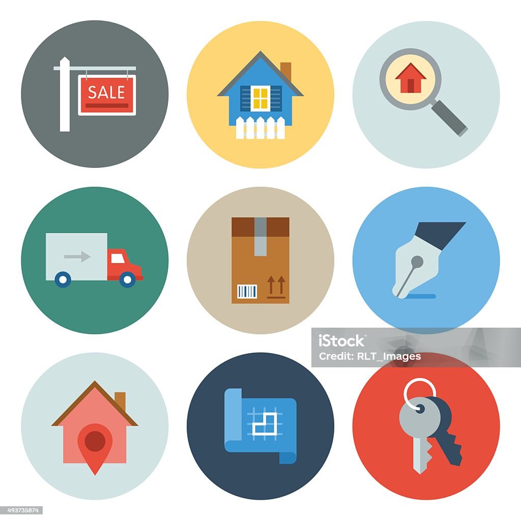 Real Estate Icons — Circle Series Professional icon set in flat color style. Vector artwork is easy to colorize, manipulate, and scales to any size. Moving House stock vector