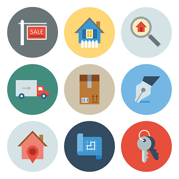 Real Estate Icons — Circle Series Professional icon set in flat color style. Vector artwork is easy to colorize, manipulate, and scales to any size. house key icon stock illustrations