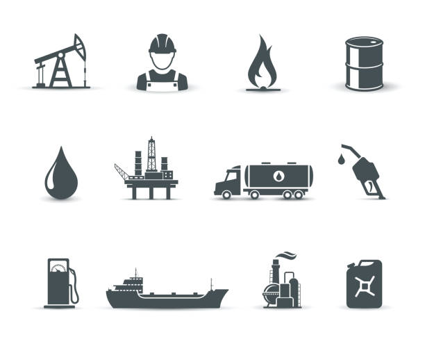 Oil and petroleum industry icons Collection of universal oil and petroleum icons construction platform illustrations stock illustrations