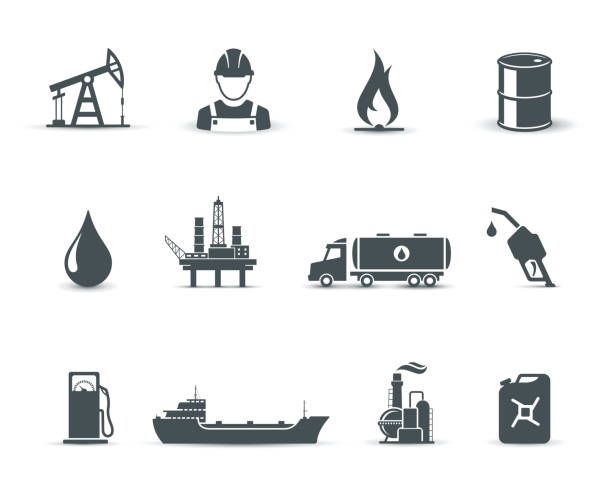 Oil and petroleum industry icons Collection of universal oil and petroleum icons pump jack stock illustrations