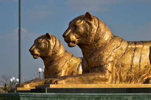 Statues of two tigers located near the Registan Ensemble in Samarkand. Republic of Uzbekistan