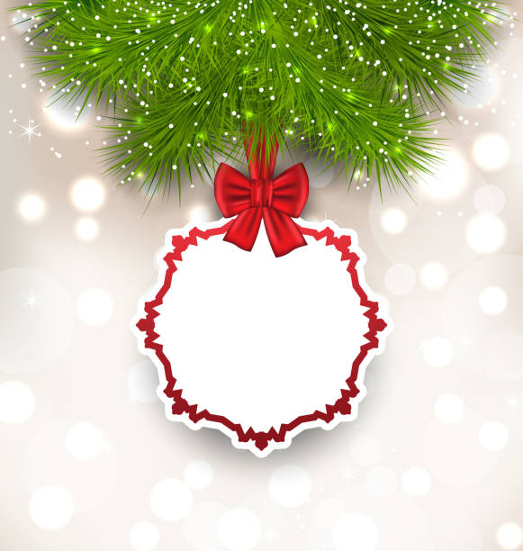 輝く背景にクリスマスカード - twig pine tree ribbon decoration点のイラスト素材／クリップアート素材／マンガ素材／アイコン素材