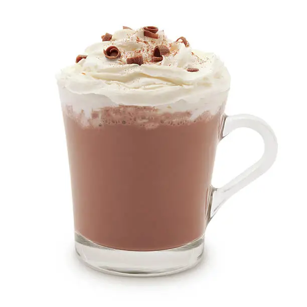 Hot chocolate mug topped with whipped cream, chocolate and cinnamon isolated on white (excluding the shadow)