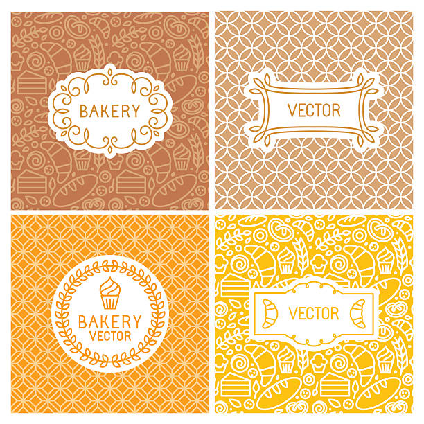 Vector set of seamless backgrounds with frames and labels Vector set of seamless backgrounds with frames and labels - bakery concepts and menu covers in trendy linear style with outlne icons bread patterns stock illustrations
