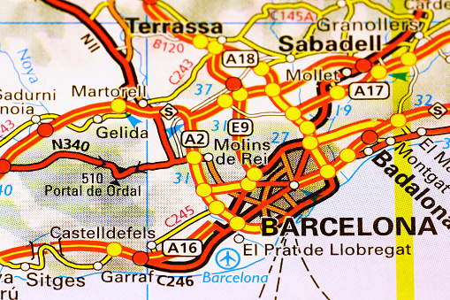 Area of Barcelona (Spain) on a map