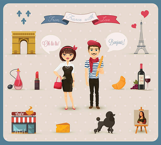 Collection of French Icons, Symbols From France with Love, typical and most common used french icons with stereotype presentation of french men and french woman eiffel tower restaurant stock illustrations