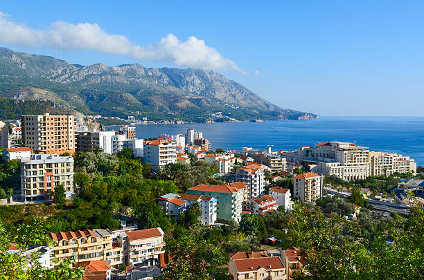 View of the resort town of Becici on the Adriatic coast, Montenegro Becici, Montenegro - September 23, 2015: Beautiful view of the resort town of Becici on the Adriatic coast, Montenegro top of water slide photos stock pictures, royalty-free photos & images