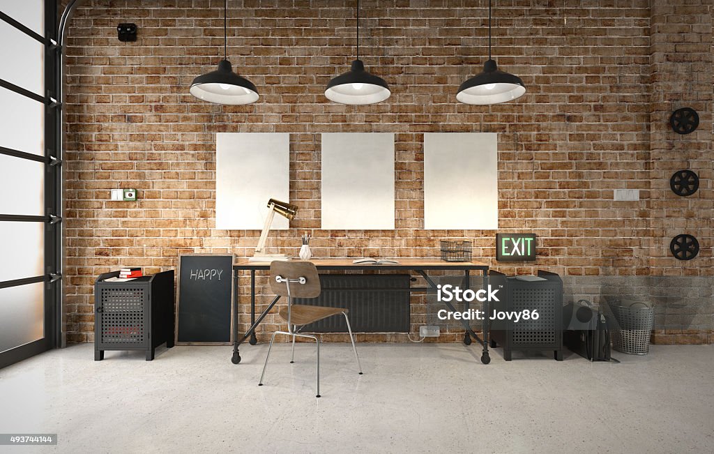 Commercial office in an industrial interior 3d render using 3ds Max Office Stock Photo