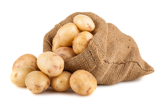 Ripe potato in burlap sack isolated on white background