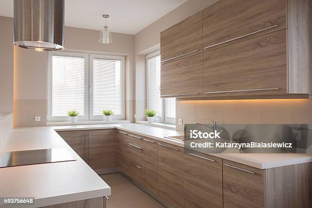 Bright Wooden Kitchen Stock Photo - Download Image Now - Kitchen, Cabinet, Stove