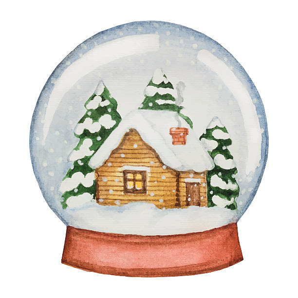 ilustrações de stock, clip art, desenhos animados e ícones de aguarela esfera de vidro com uma casa e árvores de pinho. - christmas christmas tree snow illustration and painting