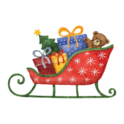 Watercolor sleigh with presents, Christmas tree and  Teddy bear. Design element for Christmas.