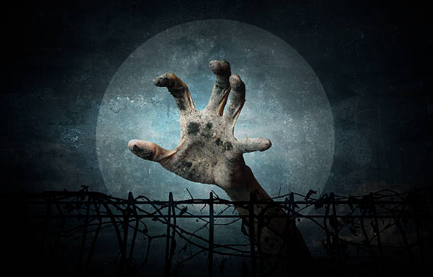 istock Hand over dark sky and moon, grunge style, Halloween concept 493759416