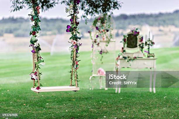 Wedding Swing Decorated With Flowers Stock Photo - Download Image Now - 2015, Arranging, Banquet